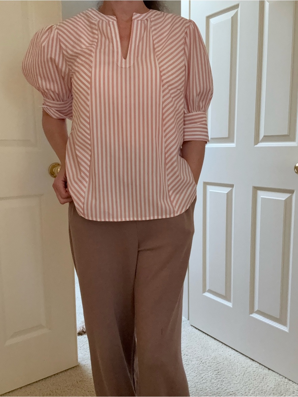 Velvet Heart Pink and White Striped Puff-Sleeve Blouse
